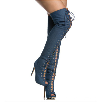 Wide leg women Plus Size 45 46  open toe super high stiletto heel ladies dress  lace up  over the knee winter denim boots